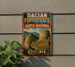 A vintage-style sign for the Dacian Fortresses of Oristie Mountains in Romania, featuring a castle and mountains in the background.