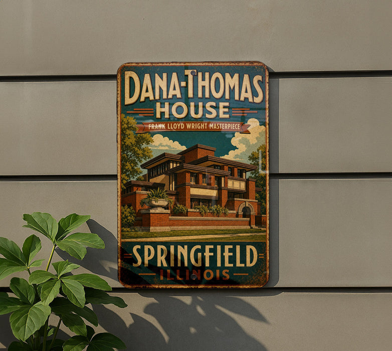 A vintage-style metal sign for Dana Thomas House in Illinois, featuring an illustration of the house and the text "Dana Thomas House Frank Lloyd Wright Masterpiece" and "Springfield Illinois".