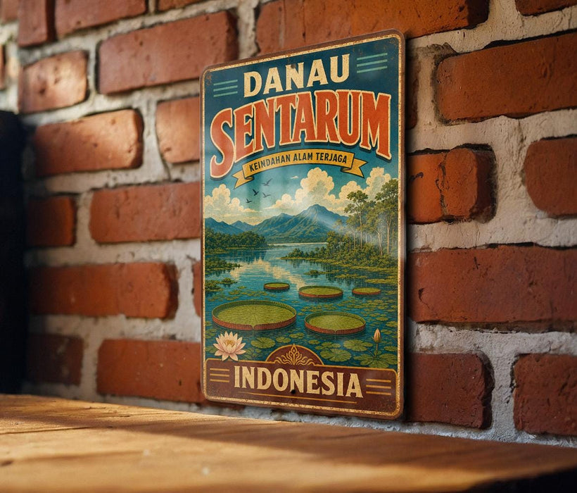 A vintage-style metal sign with the text "DANAU SENTARUM" and "KAFIDHAN AM ALAM TERJAGA" is displayed on a brick wall.