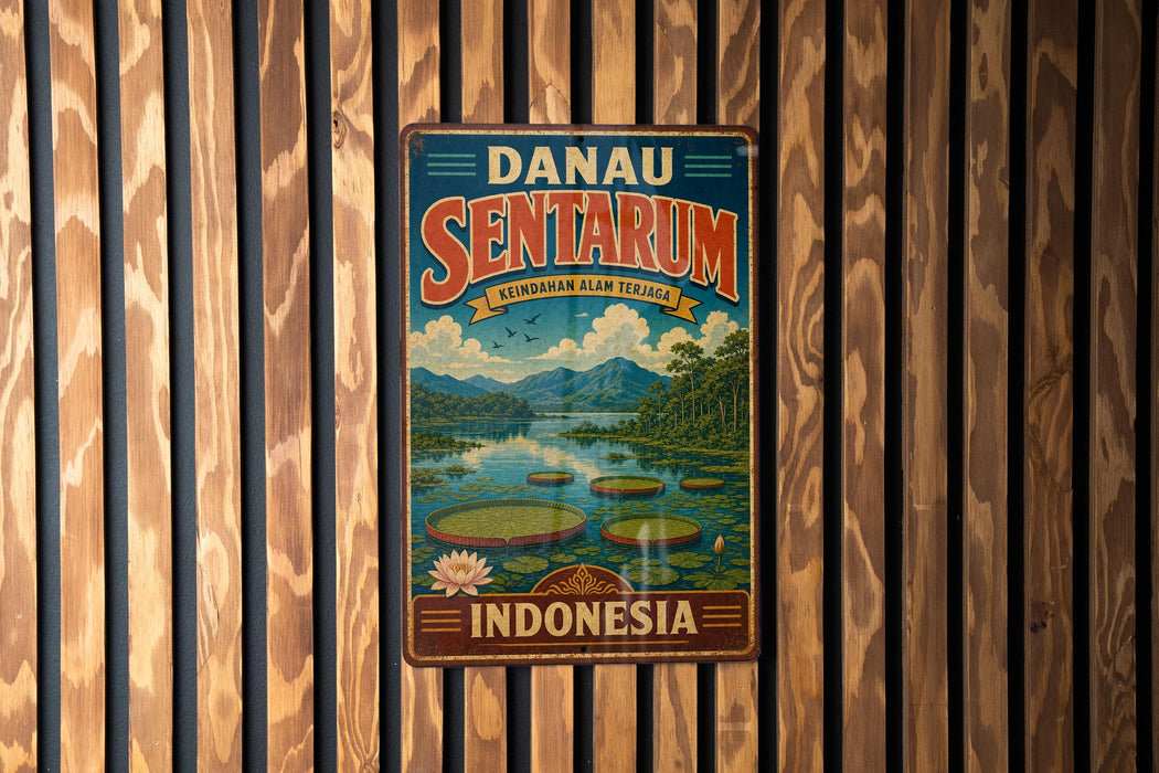 A vintage-style metal sign for Danau Sentarum, a landmark in Indonesia, is displayed on a wooden wall.