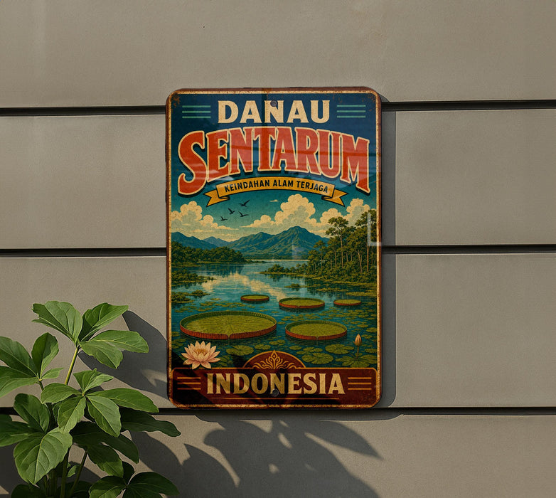 A vintage metal sign with the text "DANAU SENTARUM" and "Keenahanalam Terjunga" is displayed on a wall, with a plant to the left.