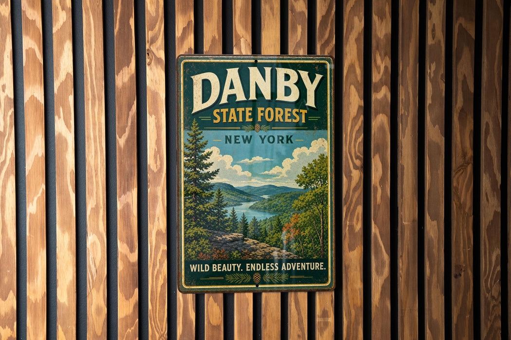 A vintage-style metal sign for Danby State Forest in New York, featuring a scenic landscape with pine trees, a lake, and mountains.