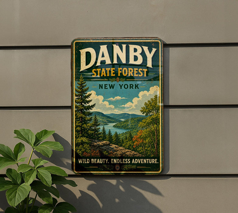 A vintage-style metal sign for Danby State Forest in New York, featuring a scenic landscape with pine trees, mountains, and a river.