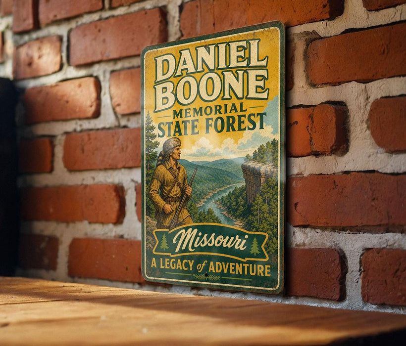 A vintage-style metal sign with the name "DANIEL BOONE" and the title "MEMORIAL STATE FOREST" is displayed on a brick wall.