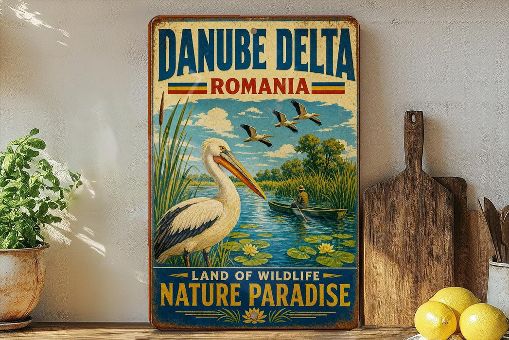A vintage-style sign for Danube Delta, Romania, featuring a white stork and a boat on a river surrounded by lush greenery.