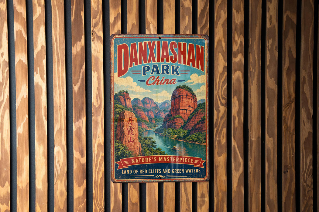 A vintage metal sign for Danxian Park, China, featuring a scenic mountain landscape with a river and lush greenery.