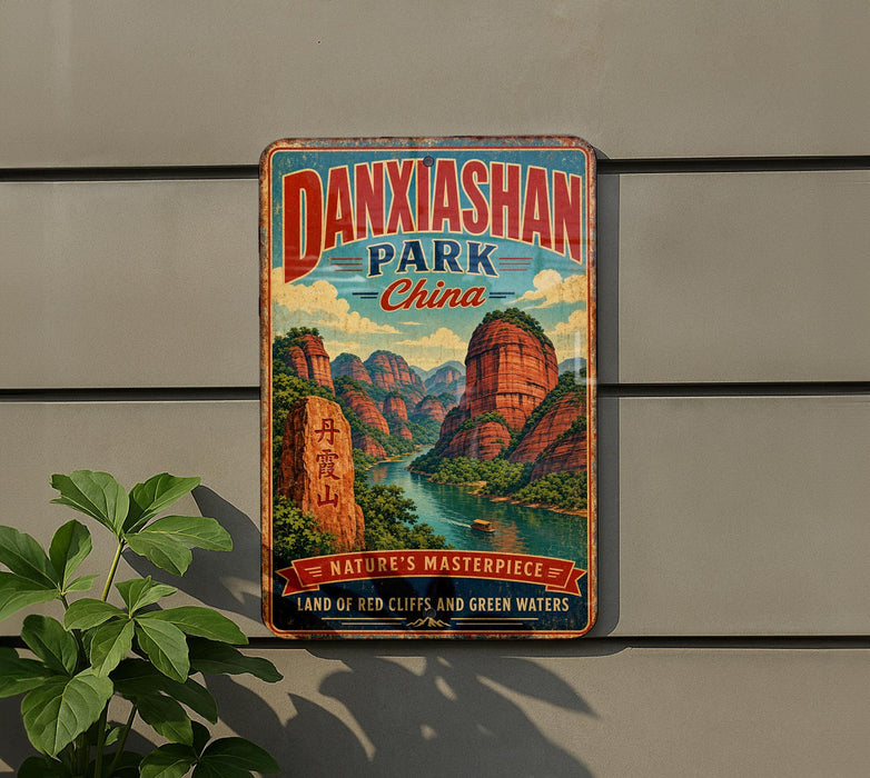 A vintage metal sign for Danxian Park, China, featuring a scenic mountain landscape with a river and lush greenery.