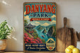 A vintage-style metal sign for Danyang Park, the Republic of Korea, featuring a scenic landscape with mountains, a pagoda, and a river.