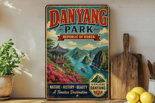 A vintage-style metal sign for Danyang Park, the Republic of Korea, featuring a scenic landscape with mountains, a pagoda, and a river.