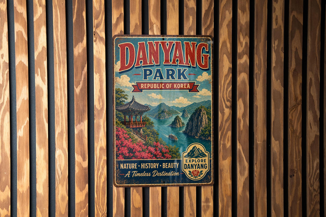 A vintage metal sign for Danyang Park, the Republic of Korea, featuring a scenic landscape with mountains, pagodas, and a river.