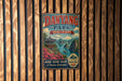 A vintage metal sign for Danyang Park, the Republic of Korea, featuring a scenic landscape with mountains, pagodas, and a river.