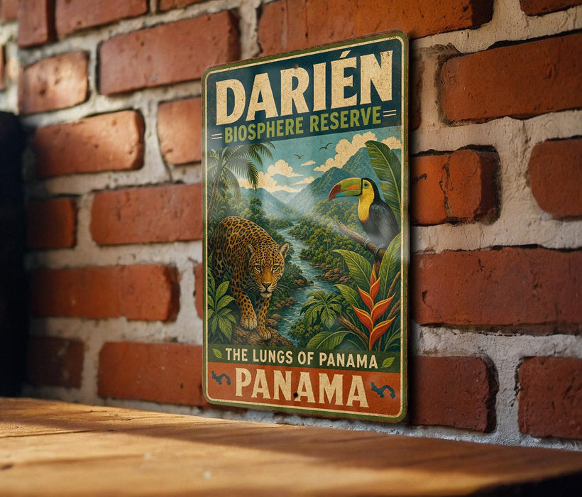 A vintage-style metal sign with a jungle scene and a toucan, mounted on a brick wall.