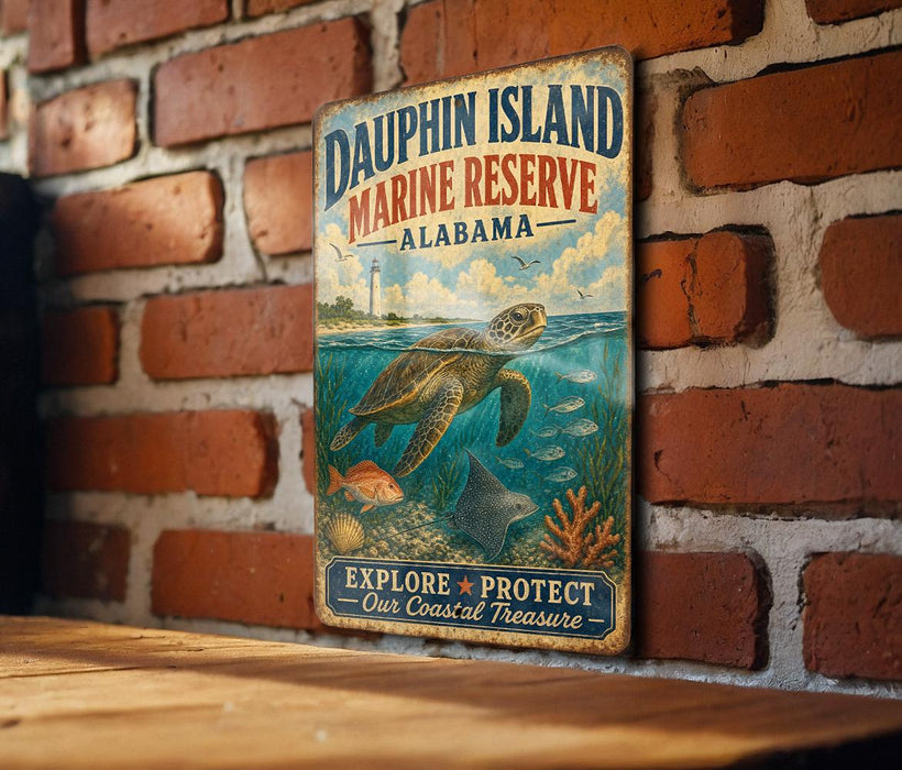 A vintage metal sign for Dauphin Island Marine Reserve in Alabama, featuring an illustration of a turtle swimming in the ocean.
