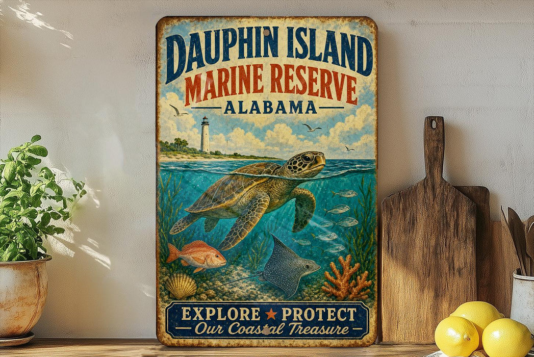 a vintage-style metal sign for Dauphin Island Marine Reserve, Alabama, with a painting of a turtle swimming in the ocean. The sign encourages visitors to explore and protect the coastal treasure.