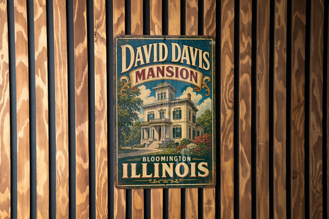 A vintage metal sign for David Davis mansion in Bloomington, Illinois.
