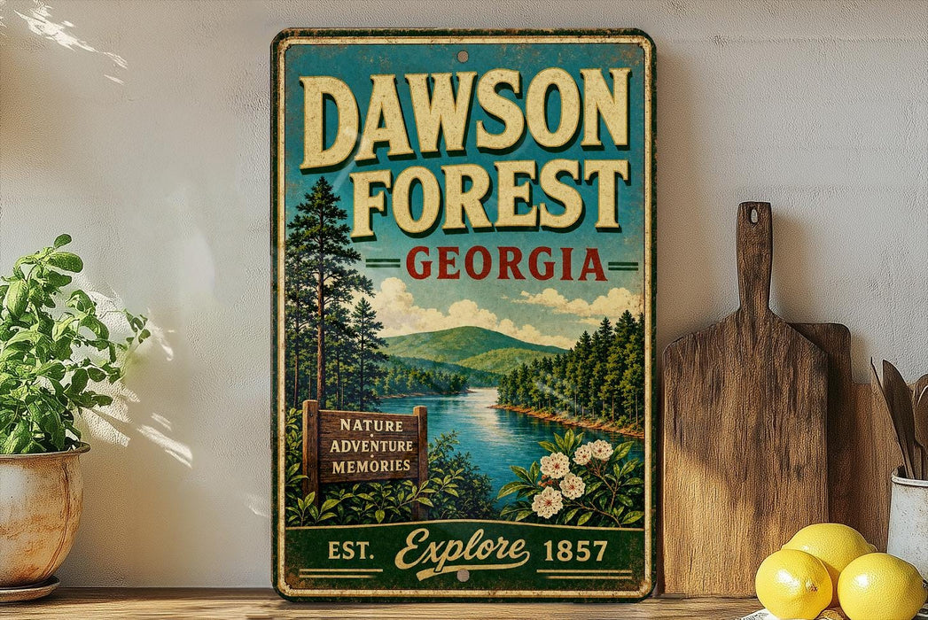 A vintage metal sign for Dawson Forest in Georgia, featuring a scenic landscape with pine trees, a river, and mountains.