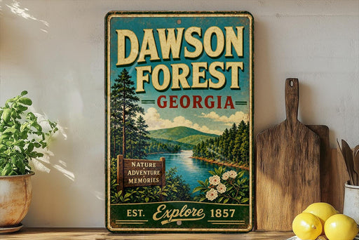 A vintage metal sign for Dawson Forest in Georgia, featuring a scenic landscape with pine trees, a river, and mountains.