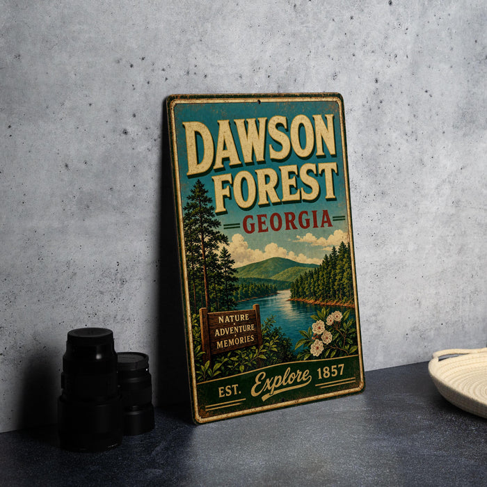 A vintage metal sign for Dawson Forest, Georgia, featuring a scenic landscape with a river and pine trees.