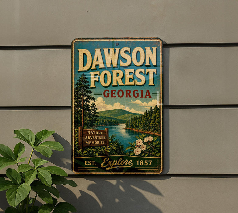 A vintage metal sign for Dawson Forest in Georgia, featuring a scenic landscape with pine trees, a river, and mountains.