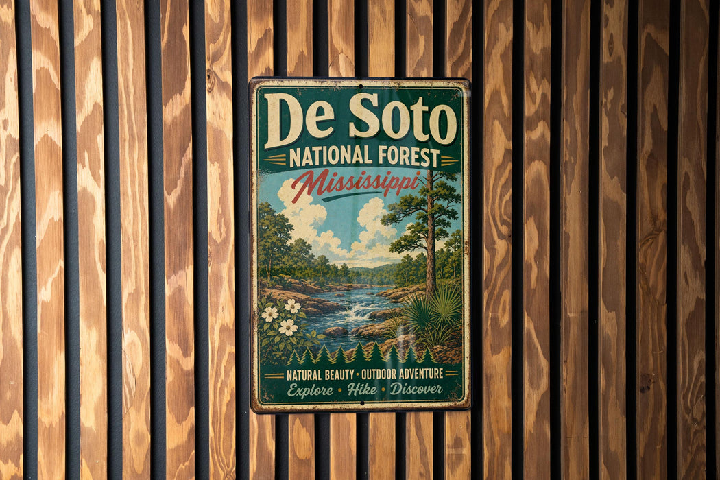 A vintage metal sign for De Soto National Forest in Mississippi, featuring a scenic landscape with a river, trees, and a waterfall.