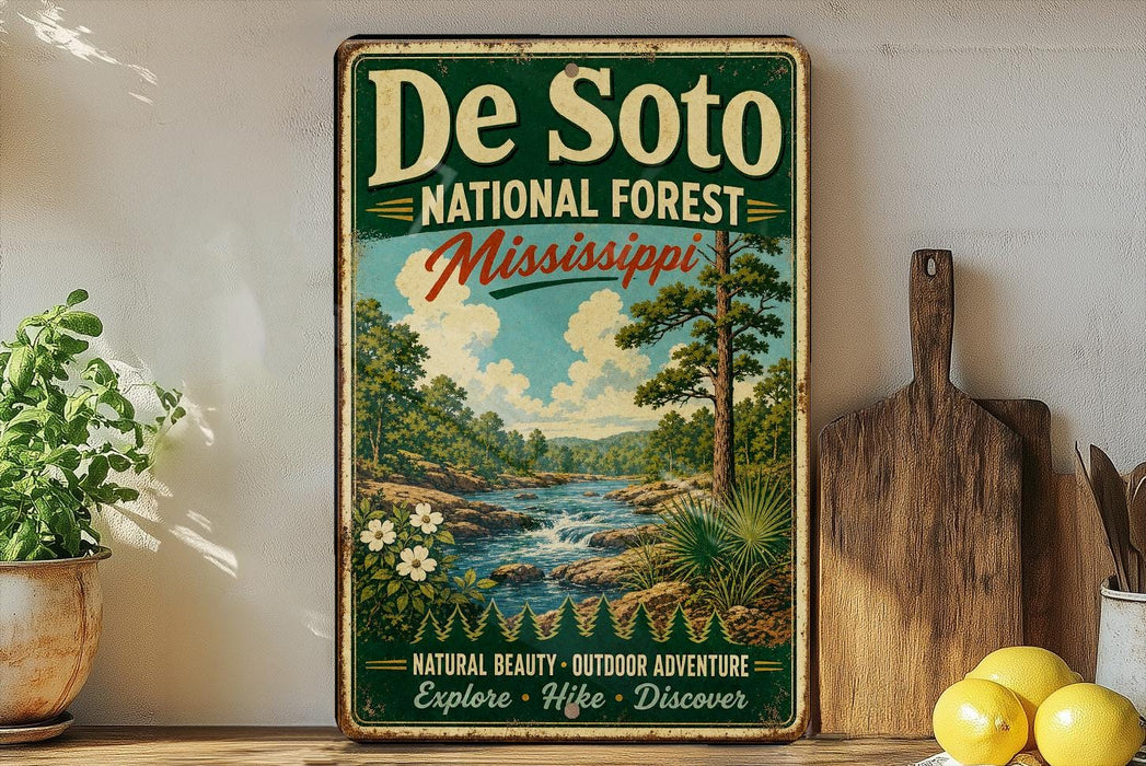 A vintage-style poster advertising De Soto National Forest in Mississippi, featuring a scenic landscape with a river, trees, and mountains.