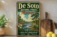 A vintage-style poster advertising De Soto National Forest in Mississippi, featuring a scenic landscape with a river, trees, and mountains.