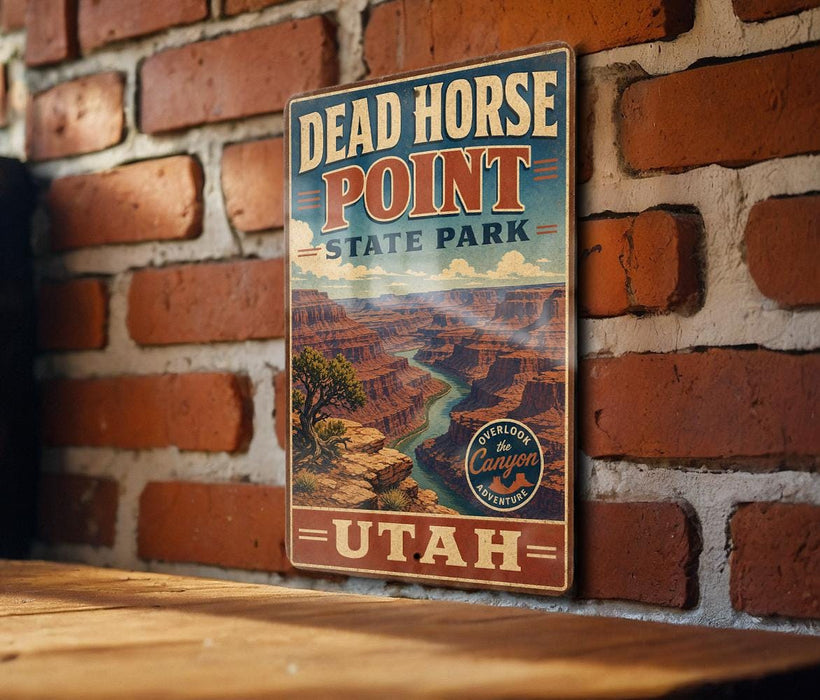 A vintage-style metal sign for Dead Horse Point State Park in Utah, featuring a scenic illustration of the Grand Canyon.