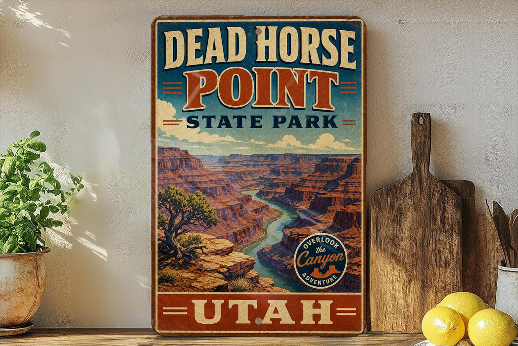 A vintage-style sign for Dead Horse Point State Park in Utah, featuring a scenic illustration of the Grand Canyon.