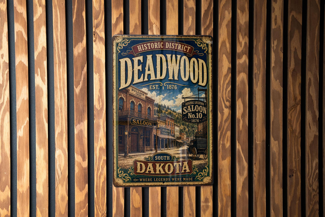 A vintage-style metal sign for Deadwood Saloon, featuring an illustration of a saloon building and a horse-drawn carriage, mounted on a wooden wall.