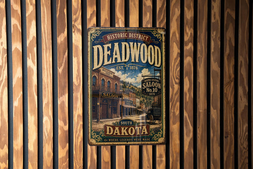 A vintage-style metal sign for Deadwood Saloon, featuring an illustration of a saloon building and a horse-drawn carriage, mounted on a wooden wall.
