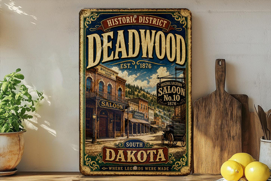 a vintage-style metal sign for the historic district of Deadwood, South Dakota, with a picture of a saloon and a horse-drawn carriage.