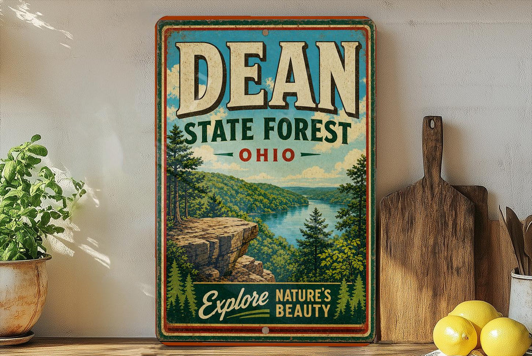A vintage-style sign for the DEAN State Forest in Ohio, featuring a scenic landscape with a river and mountains.