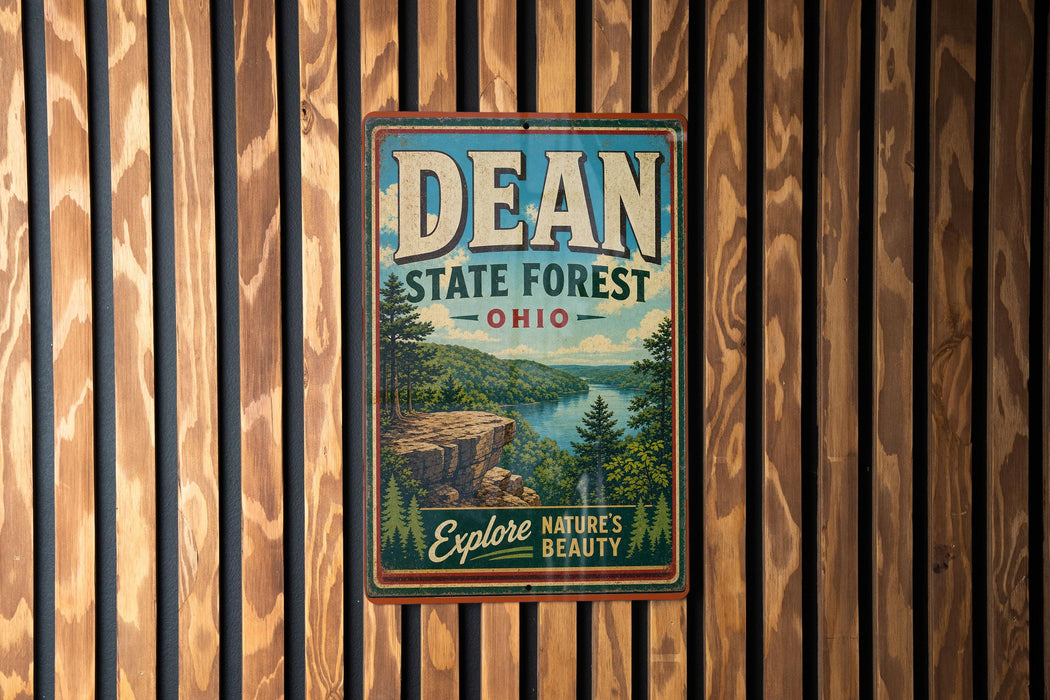 A vintage-style metal sign for the Dean State Forest in Ohio, featuring a scenic landscape with a lake and mountains.