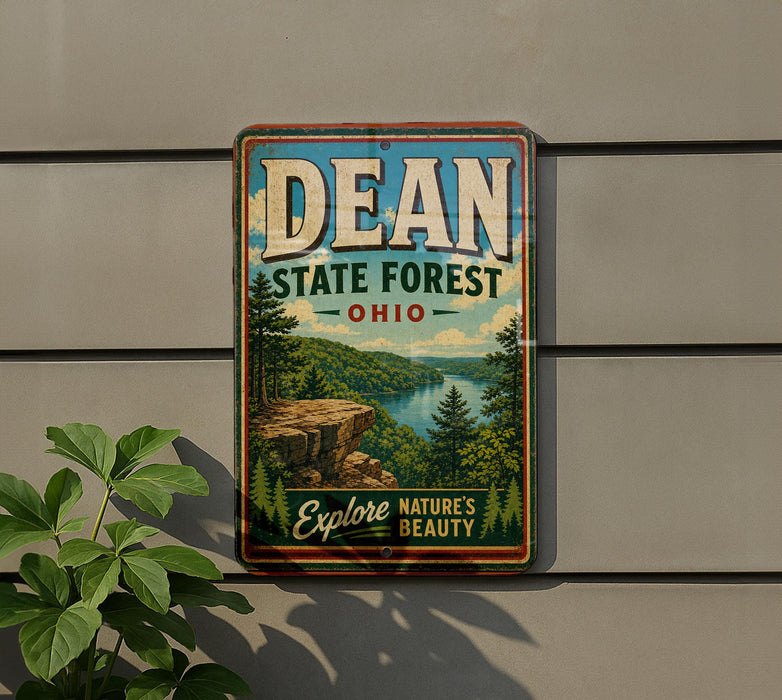 A vintage-style metal sign for the Dean State Forest in Ohio, featuring a scenic landscape with a cliff overlooking a river.