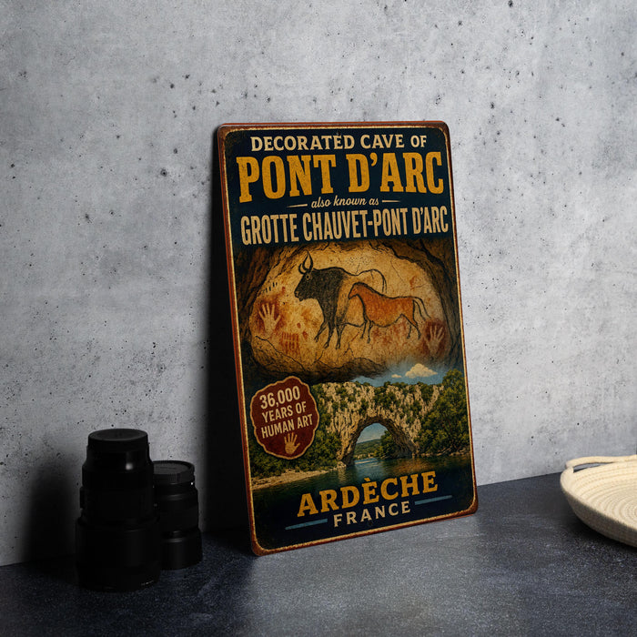 a vintage metal sign with text and an illustration of a cave with cave paintings, placed on a table next to some black camera lenses.