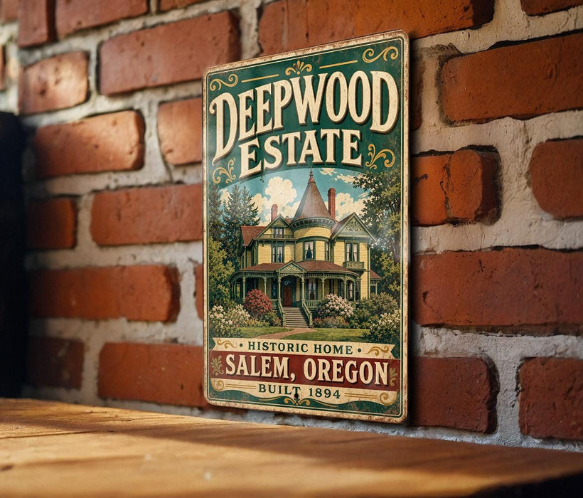 A vintage-style sign for Deepwood Estate, a historic home in Salem, Oregon built in 1894, is displayed on a brick wall.