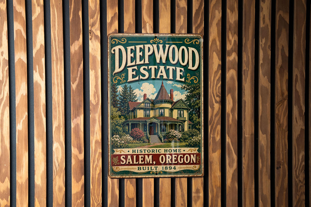 A vintage metal sign for Deepwood Estate, a historic home in Salem, Oregon, built in 1894.