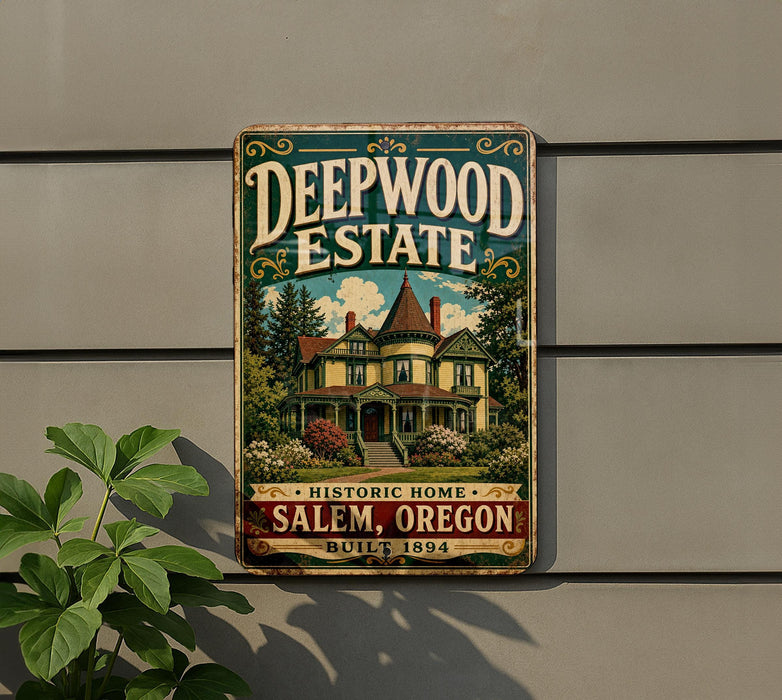 A vintage metal sign for Deepwood Estate, a historic home in Salem, Oregon, built in 1894.