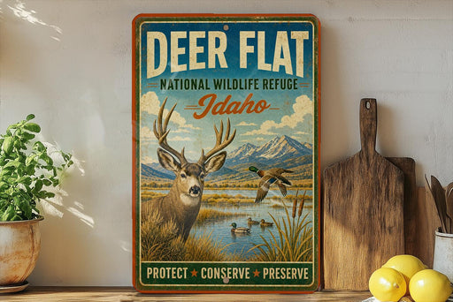 A vintage-style metal sign with a deer and ducks in a grassy field, mounted on a wall next to a wooden cutting board and a potted plant.