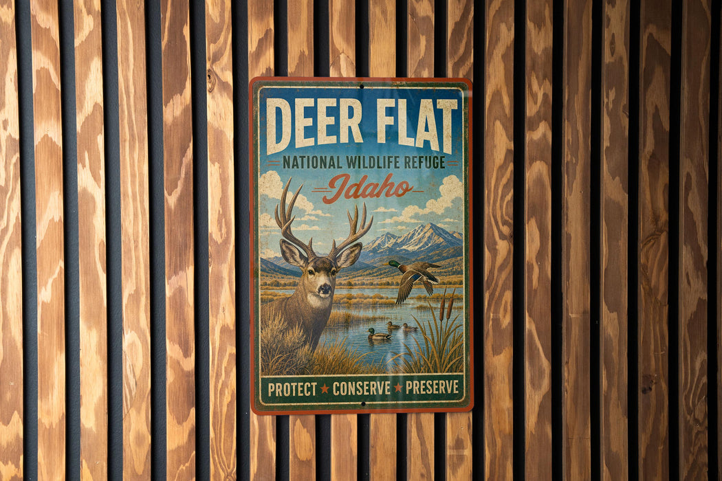 A vintage-style metal sign with a deer and ducks in a natural setting, mounted on a wooden wall.