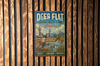 A vintage-style metal sign with a deer and ducks in a natural setting, mounted on a wooden wall.
