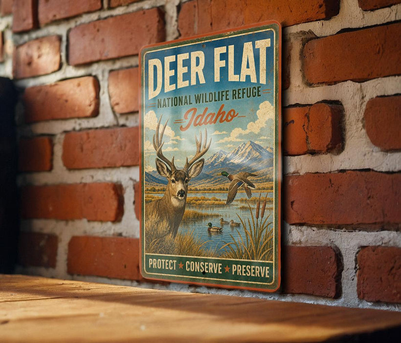 A vintage-style metal sign with a deer and ducks in a natural setting, mounted on a brick wall.