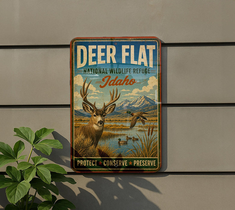 A vintage-style metal sign with a deer and ducks in a natural setting, mounted on a wall.