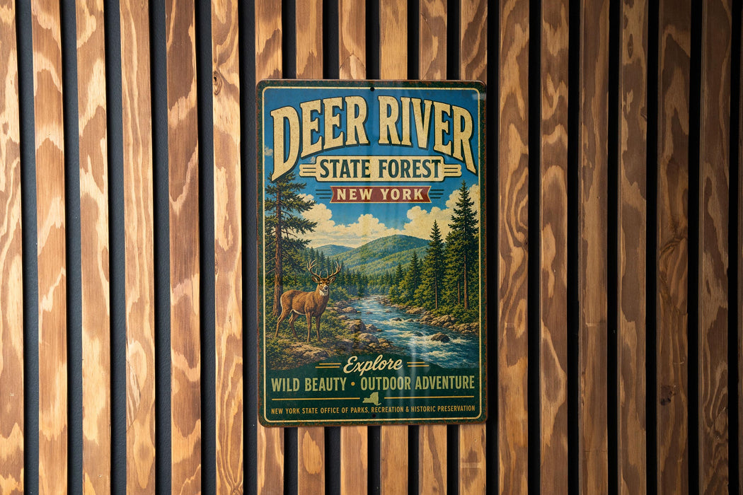 A vintage-style metal sign for the Deer River State Forest in New York, featuring a scenic illustration of a forest and a river.
