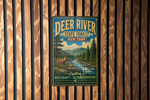 A vintage-style metal sign for the Deer River State Forest in New York, featuring a scenic illustration of a forest and a river.