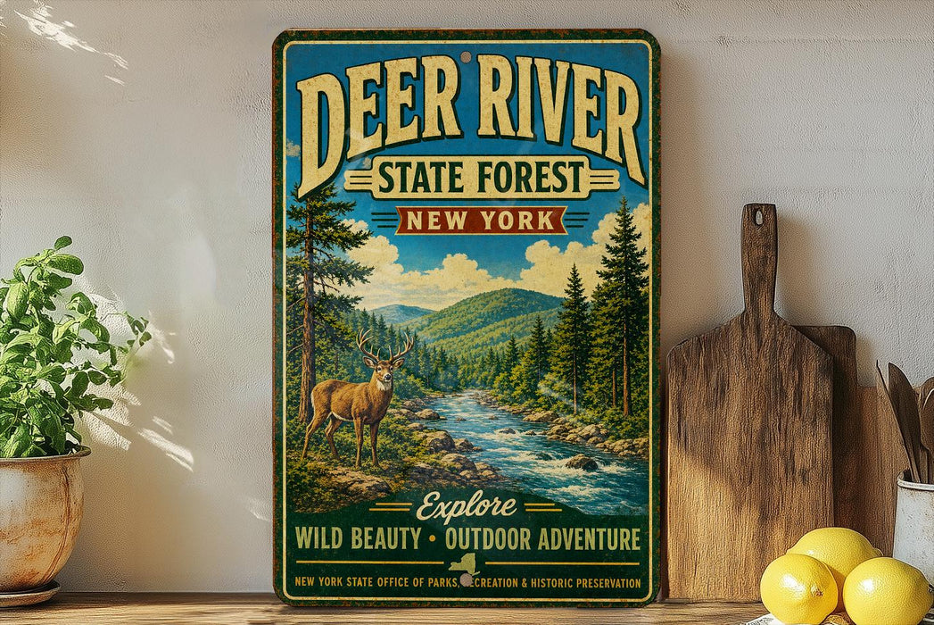 A vintage-style metal sign for Deer River State Forest in New York, featuring a scenic illustration of a deer in a forest setting with a river flowing through it.