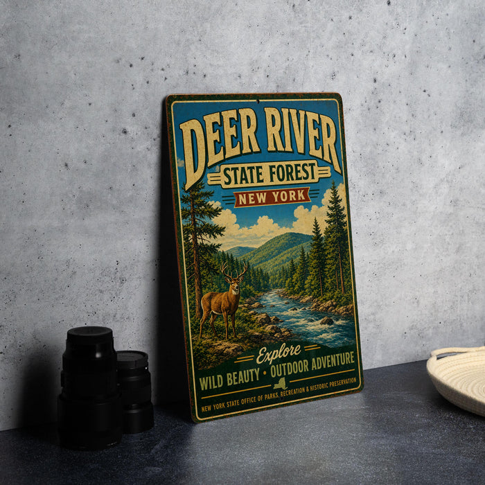 A vintage metal sign for the Deer River State Forest in New York, featuring a scenic illustration of a deer in the foreground with a river and mountains in the background.