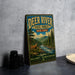A vintage metal sign for the Deer River State Forest in New York, featuring a scenic illustration of a deer in the foreground with a river and mountains in the background.