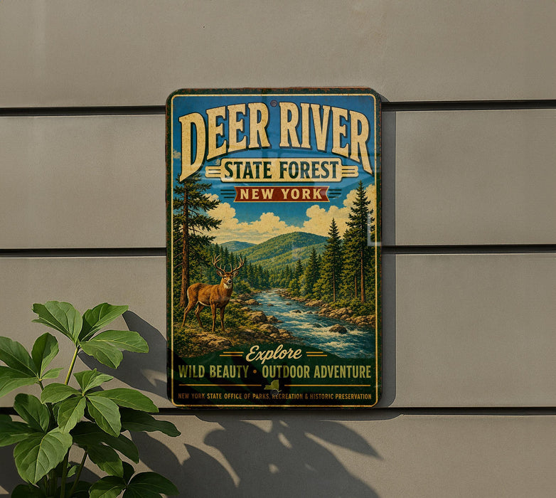 A vintage-style metal sign for Deer River State Forest in New York, featuring a scenic illustration of a deer in the foreground with a river and forest in the background.