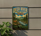 A vintage-style metal sign for Deer River State Forest in New York, featuring a scenic illustration of a deer in the foreground with a river and forest in the background.